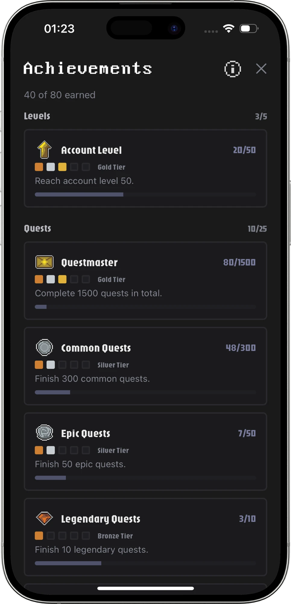 ArtLevelUp achievements, each with five tiers from Bronze to Diamond