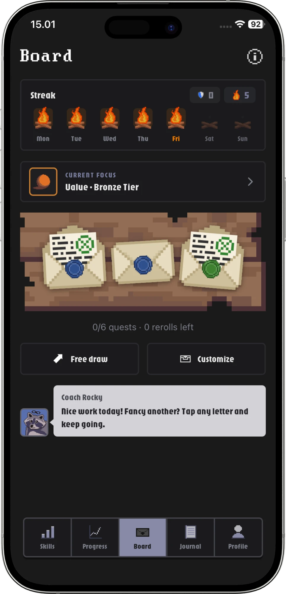 ArtLevelUp quest board: a streak, today's focus skill and three sealed letters from Coach Rocky