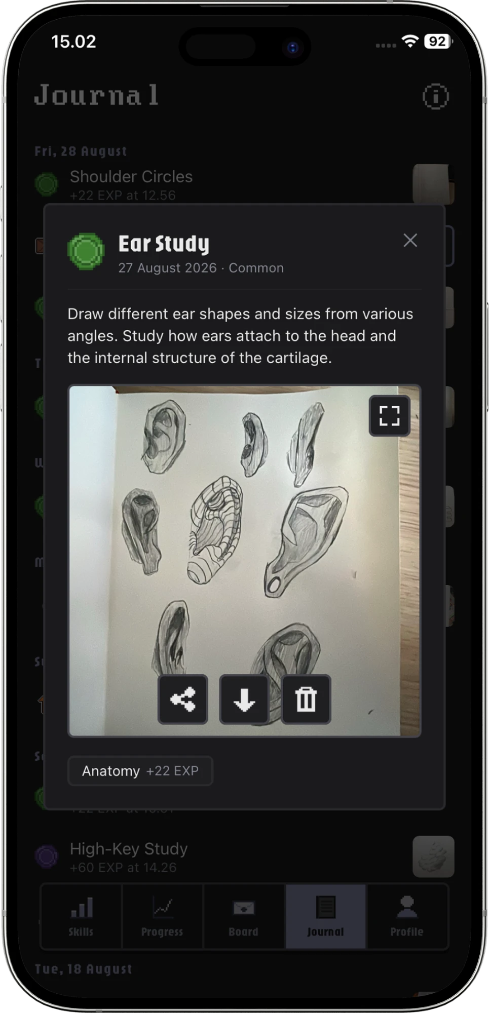 A completed Ear Study quest in ArtLevelUp with a photo of the drawing