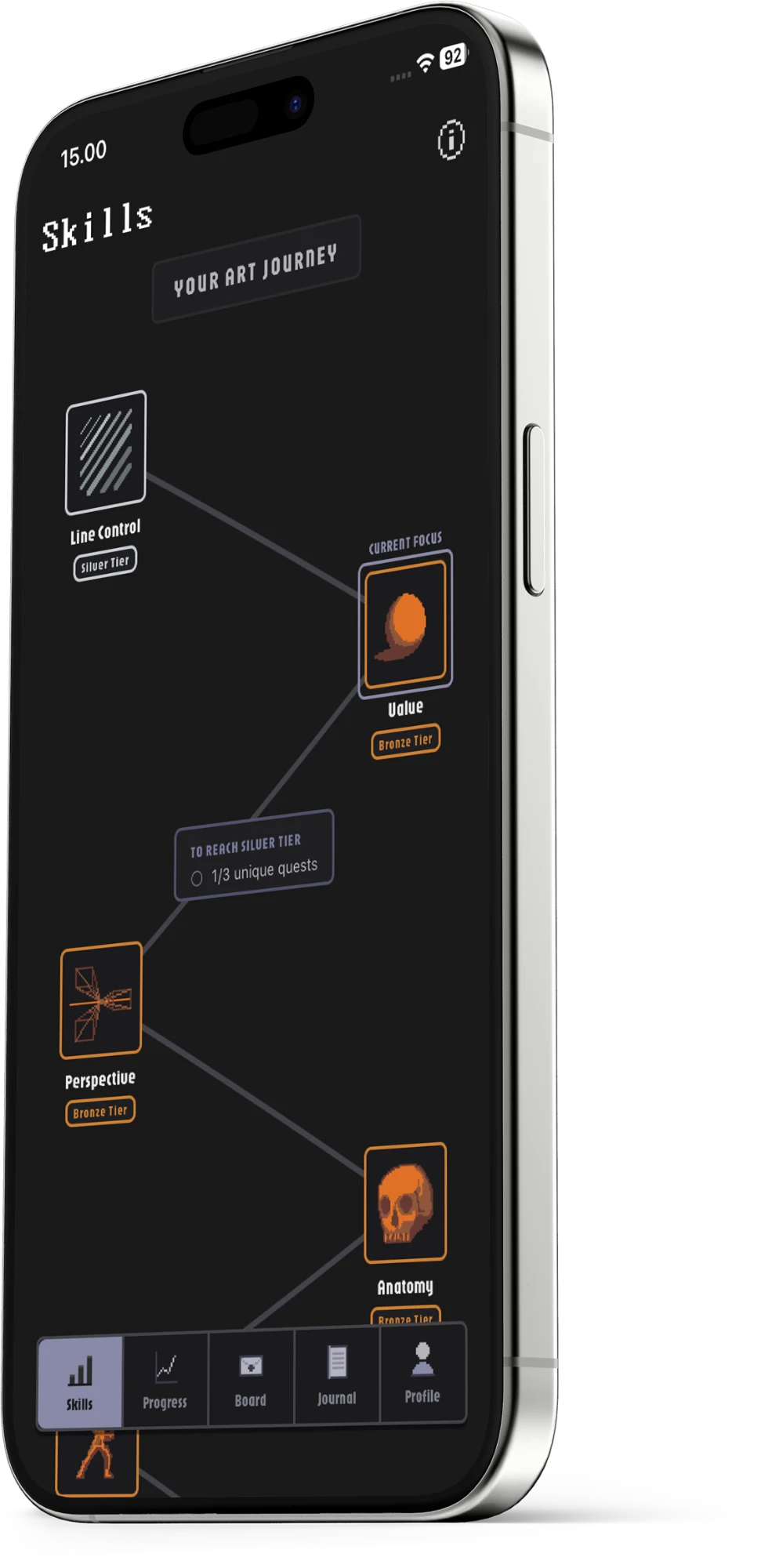 ArtLevelUp skill map: a winding path of art skills, each with its tier